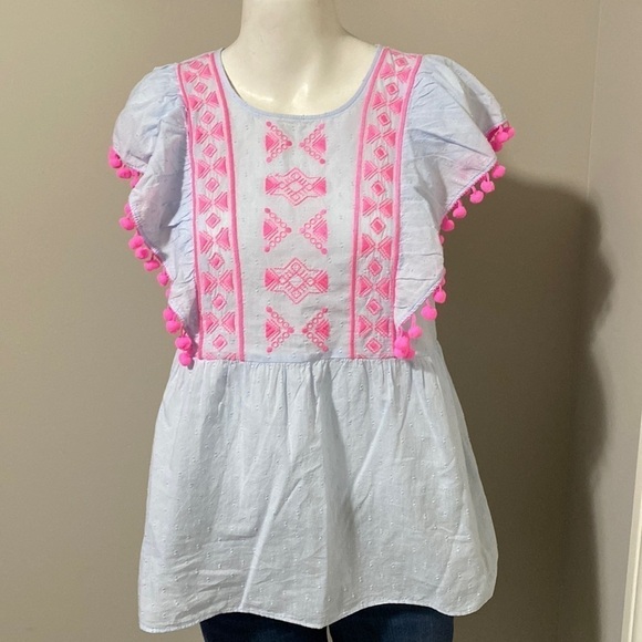 Lilly Pulitzer Raquelle Top Bluebell Blue Swiss Dot Dobby Chambray Sz XS NEW - Picture 1 of 12